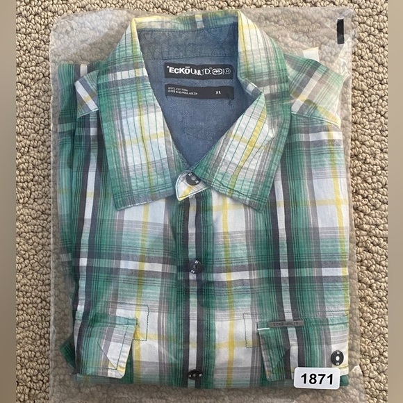 ECKO UNLTD Green & Yellow Plaid Short Sleeve Collared Shirt Men XL - Picture 8 of 8